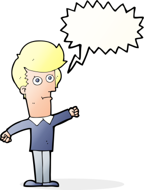 Bir insan tarafından çizilmiş konuşma balonuyla yumruk atan karikatür adamı.