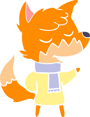 Bir insan tarafından çizilmiş kışlık giysili düz renkli çizgi film tilkisi.