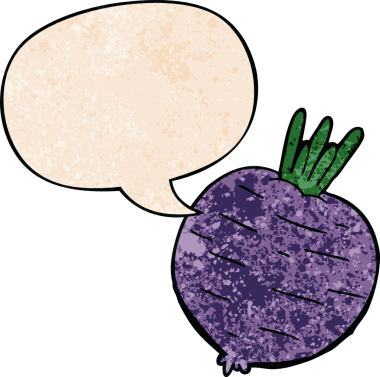 bir insan tarafından çizilmiş, retro dokuma tarzında konuşma baloncuklu sebze çizgi filmi.