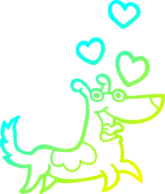 Bir insan tarafından çizilmiş aşk kalpleri olan çizgi film köpeği çizimi.