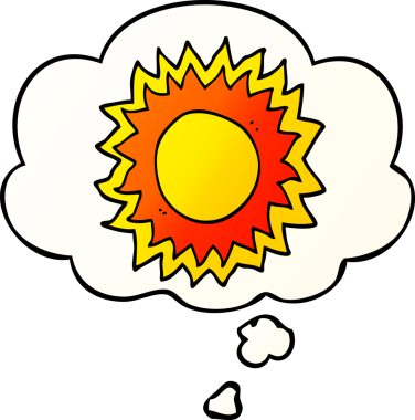 Düşünce baloncuklu karikatür güneşi bir insan tarafından çizilmiş.