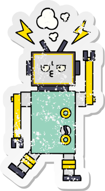 Bir insan tarafından çizilmiş sevimli bir robot çizgi film çıkartması.