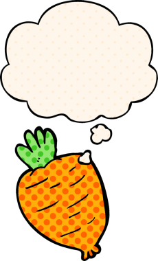 Çizgi roman tarzında bir insan tarafından çizilmiş düşünce kabarcığı olan karikatür kökü sebzesi.