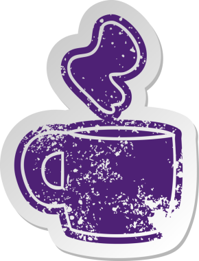 Bir insan tarafından çizilmiş dumanı tüten sıcak bir içeceğin eski karikatür çıkartması.