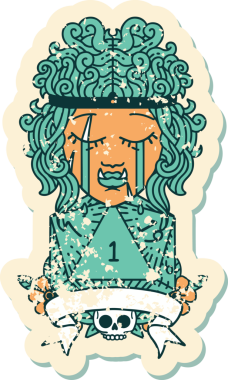 Retro Dövme Tarzı Ağlayan Ork Barbar Karakteri Bir insan tarafından çizilmiş doğal D20 rulosu