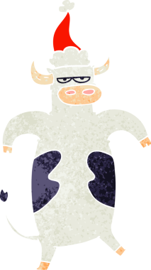 Bir insan tarafından çizilmiş Noel Baba şapkası giymiş bir boğanın el çizimi karikatürü.