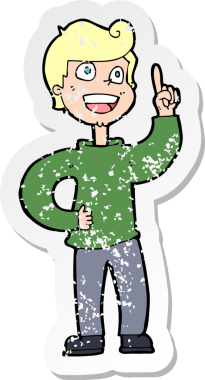 Bir insan tarafından çizilmiş harika bir fikri olan bir çizgi film çocuğunun gerilimli retro yapıştırması.