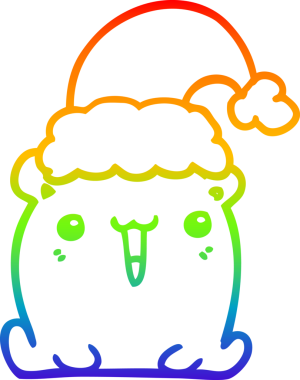 Gökkuşağı gradyan çizgisi bir insan tarafından çizilmiş Noel şapkalı şirin bir ayının çizimi