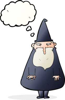 Bir insan tarafından çizilmiş düşünce baloncuğu olan çizgi film sihirbazı