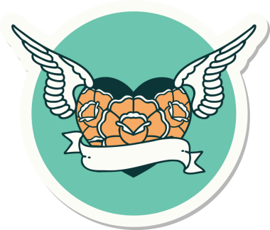 Geleneksel bir dövme stili. Uçan kalp. Çiçekler ve bir insan tarafından çizilmiş bayrak.