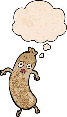 Düşünce baloncuklu çizgi film sosisi. Bir insan tarafından çizilmiş grunge desen tarzı.