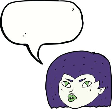 Bir insan tarafından çizilmiş konuşma balonlu vampir yüzü.