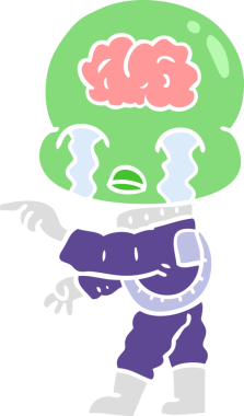 Düz renkli çizgi film. Büyük beyin uzaylıları ağlıyor ve bir insan tarafından çiziliyor.