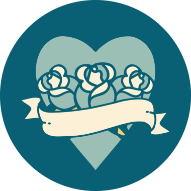 İkonik dövme stili bir kalp ve bir insan tarafından çizilmiş çiçekli pankart.