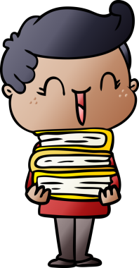 Bir insan tarafından çizilmiş kitapları taşıyan gülen çocuk.