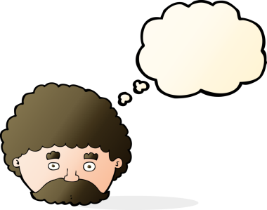 Bir insan tarafından çizilmiş düşünce baloncuklu bıyıklı çizgi film adamı.