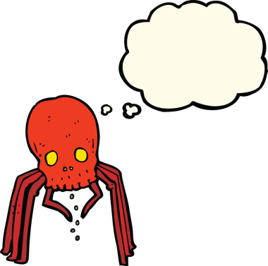 Bir insan tarafından çizilmiş düşünce baloncuklu korkunç kafatası örümceği.