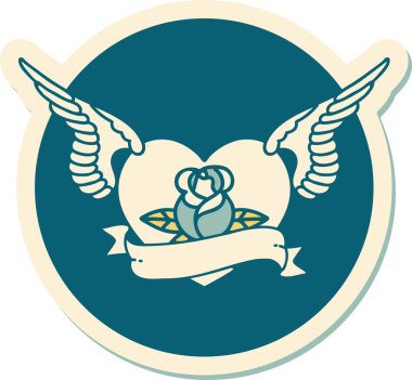 Geleneksel bir dövme stili. Uçan kalp. Çiçekler ve bir insan tarafından çizilmiş bayrak.