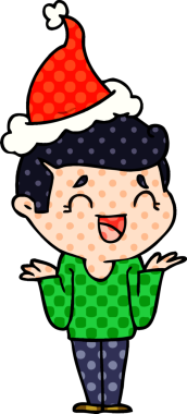 hand drawn comic book style illustration of a laughing confused man wearing santa hat drawn by a human