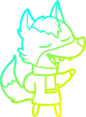 cold gradient line drawing of a cartoon wolf in scarf laughing drawn by a human