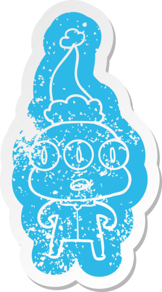 Bir insan tarafından çizilmiş Noel Baba şapkası takan üç gözlü uzaylının garip karikatürü.