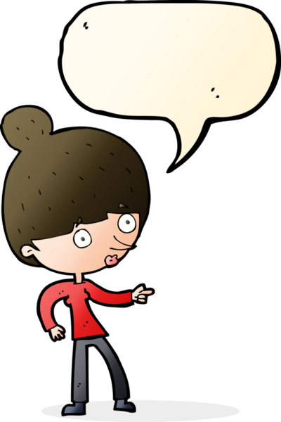 Bir insan tarafından çizilmiş bir konuşma balonuyla işaret eden çizgi film kadını.