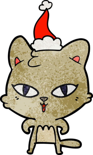 Bir insan tarafından çizilmiş Noel Baba şapkası takan bir kedinin el çizimi karikatürü.