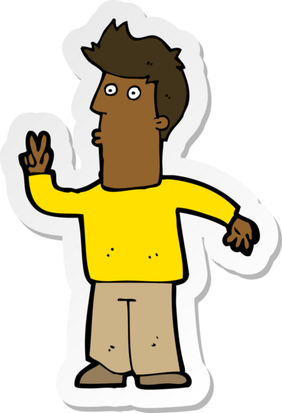 Bir insan tarafından çizilmiş barış işareti veren bir çizgi film karakterinin çıkartması.