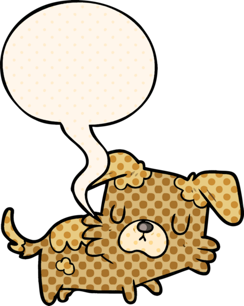 Bir insan tarafından çizilmiş çizgi roman tarzında konuşma balonu olan küçük bir köpek.