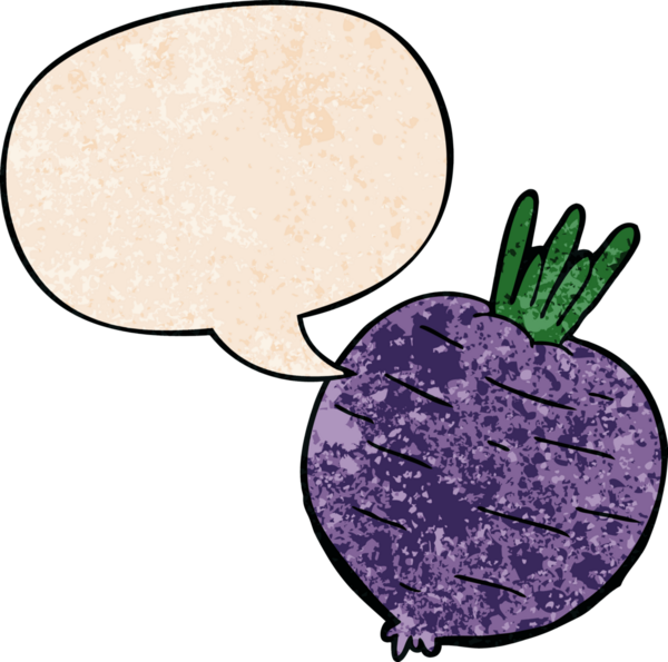 bir insan tarafından çizilmiş, retro dokuma tarzında konuşma baloncuklu sebze çizgi filmi.