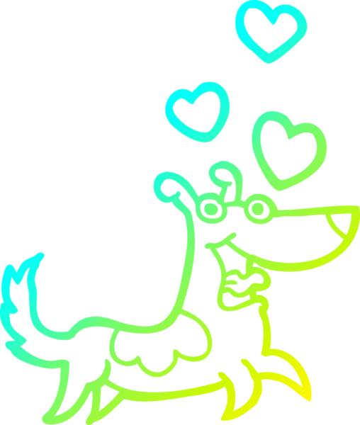 Bir insan tarafından çizilmiş aşk kalpleri olan çizgi film köpeği çizimi.
