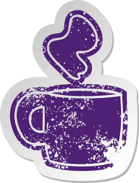 Bir insan tarafından çizilmiş dumanı tüten sıcak bir içeceğin eski karikatür çıkartması.