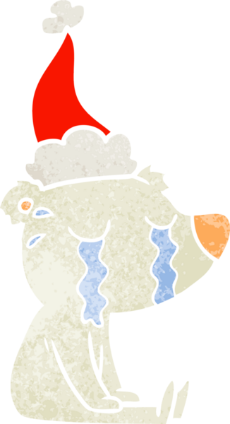 Ağlayan bir kutup ayısının insan tarafından çizilmiş Noel Baba şapkası giymiş eski bir karikatürü.