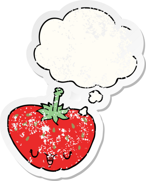 Düşünce baloncuklu karikatür çileği bir insan tarafından çizilmiş yıpranmış bir çıkartma.