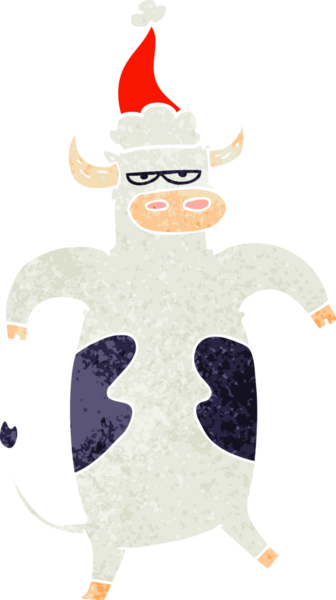 Bir insan tarafından çizilmiş Noel Baba şapkası giymiş bir boğanın el çizimi karikatürü.