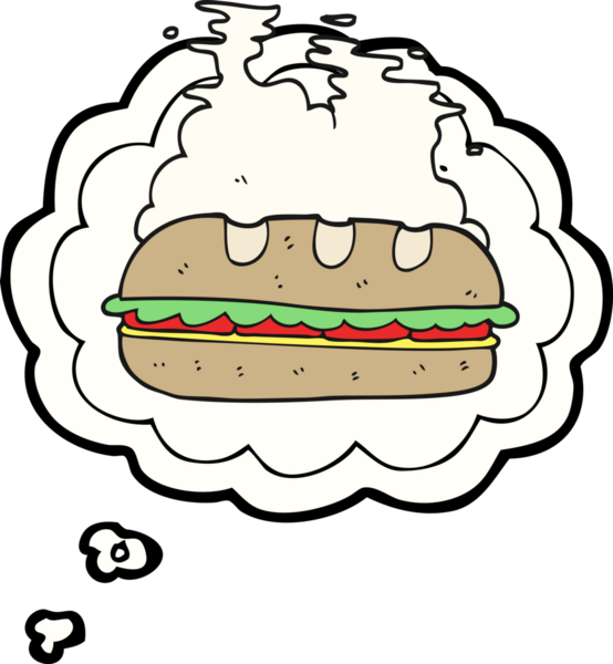 Serbest çizim düşünce balonu karikatürü. Bir insan tarafından çizilmiş kocaman sandviç.