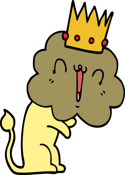 Bir insan tarafından çizilmiş taçlı çizgi film aslanı.