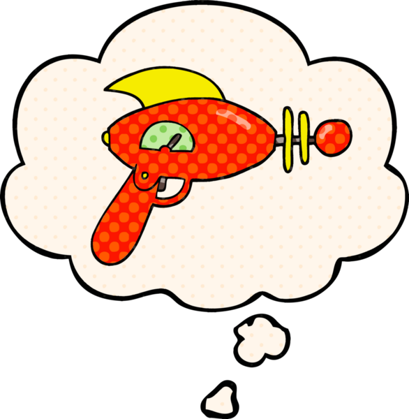 Çizgi roman tarzında bir insan tarafından çizilmiş düşünce baloncuklu bir ışın tabancası.