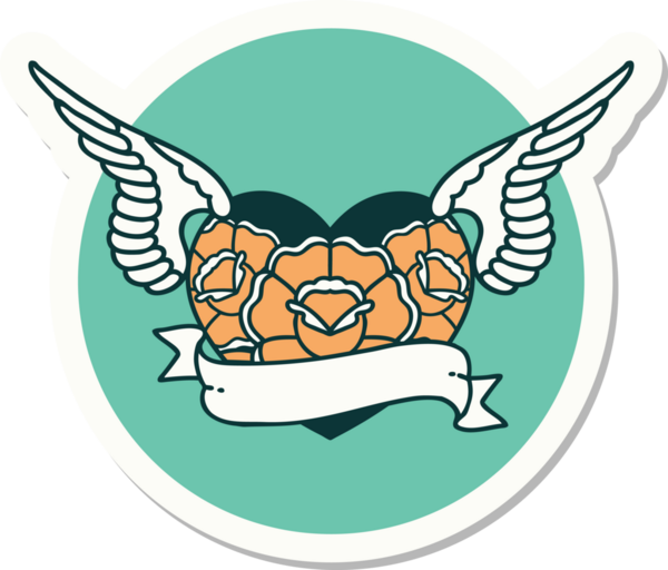 Geleneksel bir dövme stili. Uçan kalp. Çiçekler ve bir insan tarafından çizilmiş bayrak.