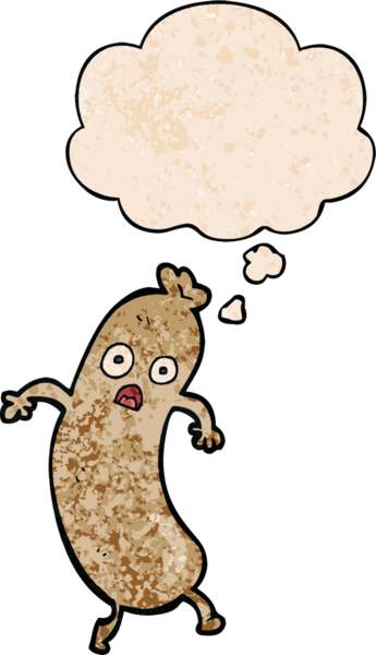 Düşünce baloncuklu çizgi film sosisi. Bir insan tarafından çizilmiş grunge desen tarzı.