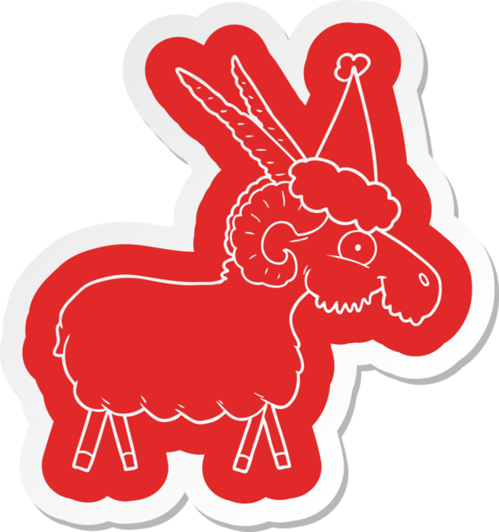 Bir insan tarafından çizilmiş Noel Baba şapkası takan bir keçinin garip karikatür çıkartması.