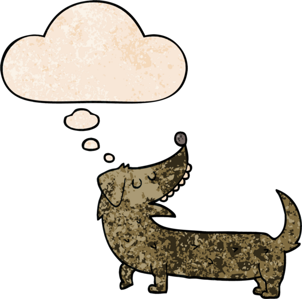 Bir insan tarafından çizilmiş grunge desenli düşünce baloncuğu olan çizgi film köpeği.