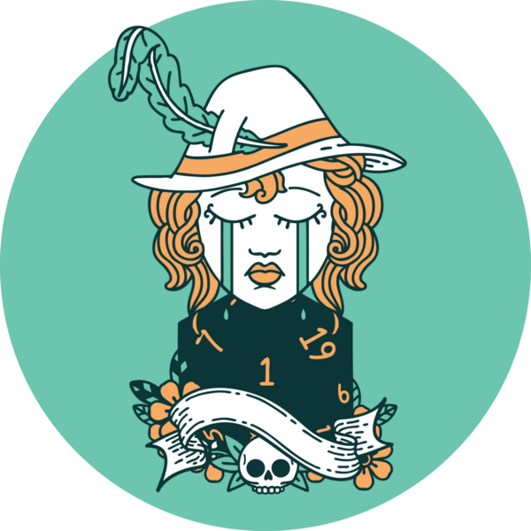 Ağlayan insan Druid karakteri ikonu. Bir insan tarafından çizilmiş doğal bir D20 rulosu.