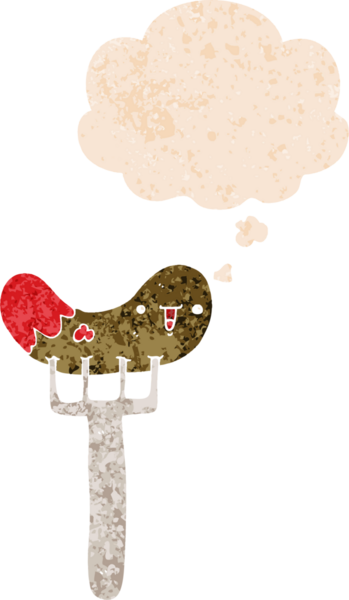 çizgi film sosis ve çatal ile grunge içinde düşünce balonu sıkıntılı retro dokuma tarzı bir insan tarafından çizilmiş