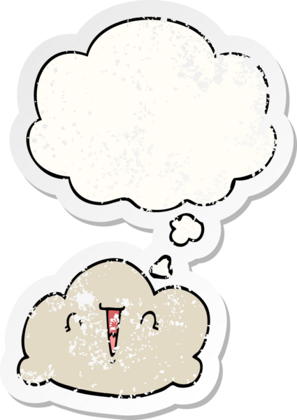 Düşünce baloncuklu karikatür bulutu bir insan tarafından çizilmiş yıpranmış bir çıkartma gibi.