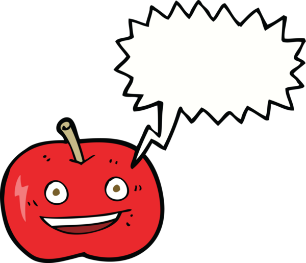 Bir insan tarafından çizilmiş konuşma balonlu parlak elma çizgi filmi.