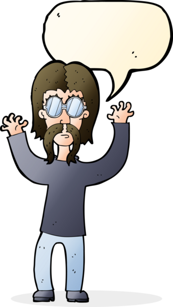 Bir insan tarafından çizilmiş konuşma balonuyla kollarını sallayan hippi bir çizgi film karakteri.