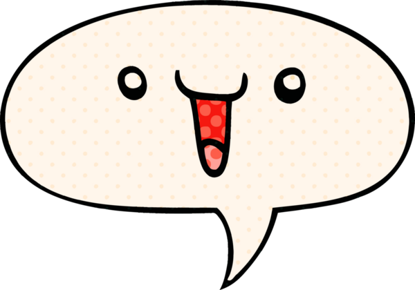 Bir insan tarafından çizilmiş çizgi roman tarzında konuşma baloncuğu olan sevimli mutlu bir çizgi film yüzü.
