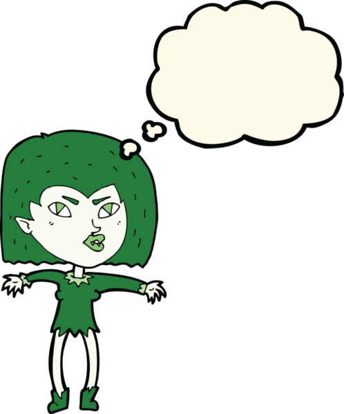 Bir insan tarafından çizilmiş düşünce balonlu vampir kız.