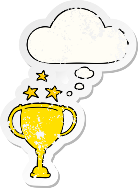 Düşünce baloncuklu çizgi film spor kupası bir insan tarafından çizilmiş yıpranmış bir çıkartma.